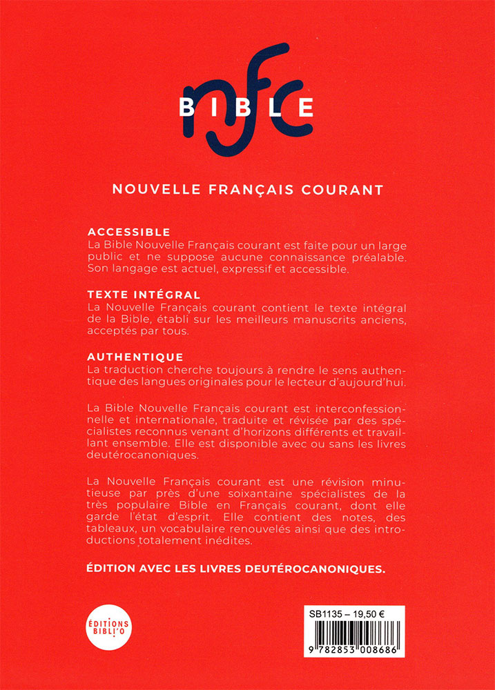 BIBLE NOUVELLE FRANCAIS COURANT SOUPLE ROUGE AVEC DEUTEROCANONIQUE
