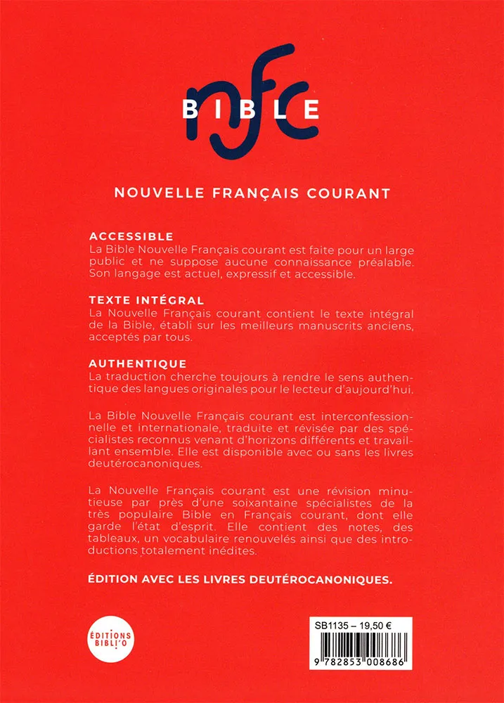 BIBLE NOUVELLE FRANCAIS COURANT SOUPLE ROUGE AVEC DEUTEROCANONIQUE