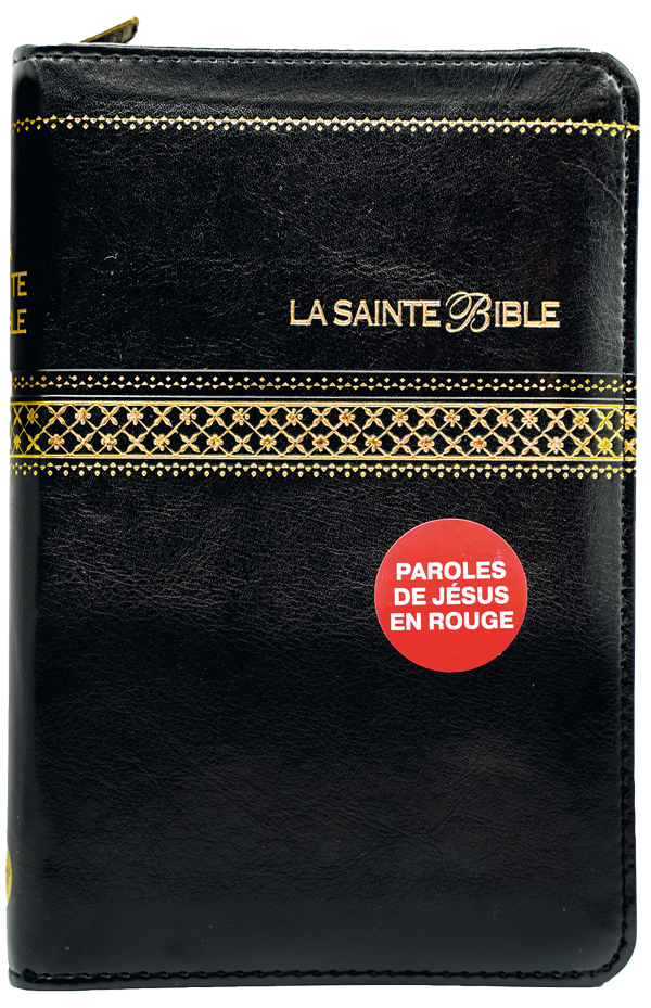 BIBLE SEGOND 1910 SIMILICUIR NOIR TRANCHE OR ZIP PAROLE DE JESUS EN ROUGE