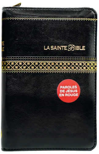 BIBLE SEGOND 1910 SIMILICUIR NOIR TRANCHE OR ZIP PAROLE DE JESUS EN ROUGE