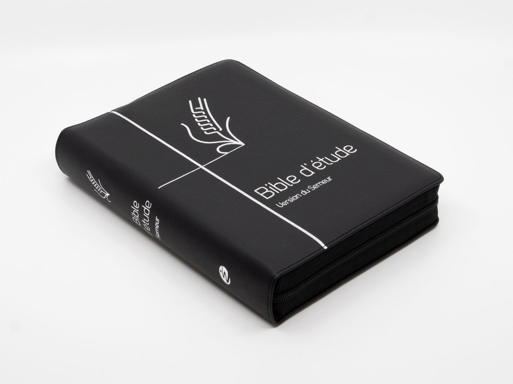 BIBLE SEMEUR ETUDE GRIS SOUPLE CUIR NOIRE TRANCHES ARGENTEES ZIP