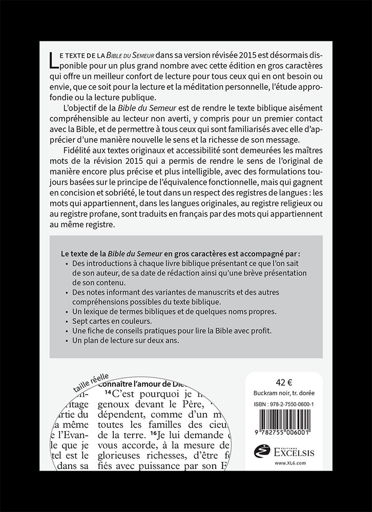 BIBLE SEMEUR 2015 GROS CARACTERES SEMI SOUPLE TEXTILE NOIR